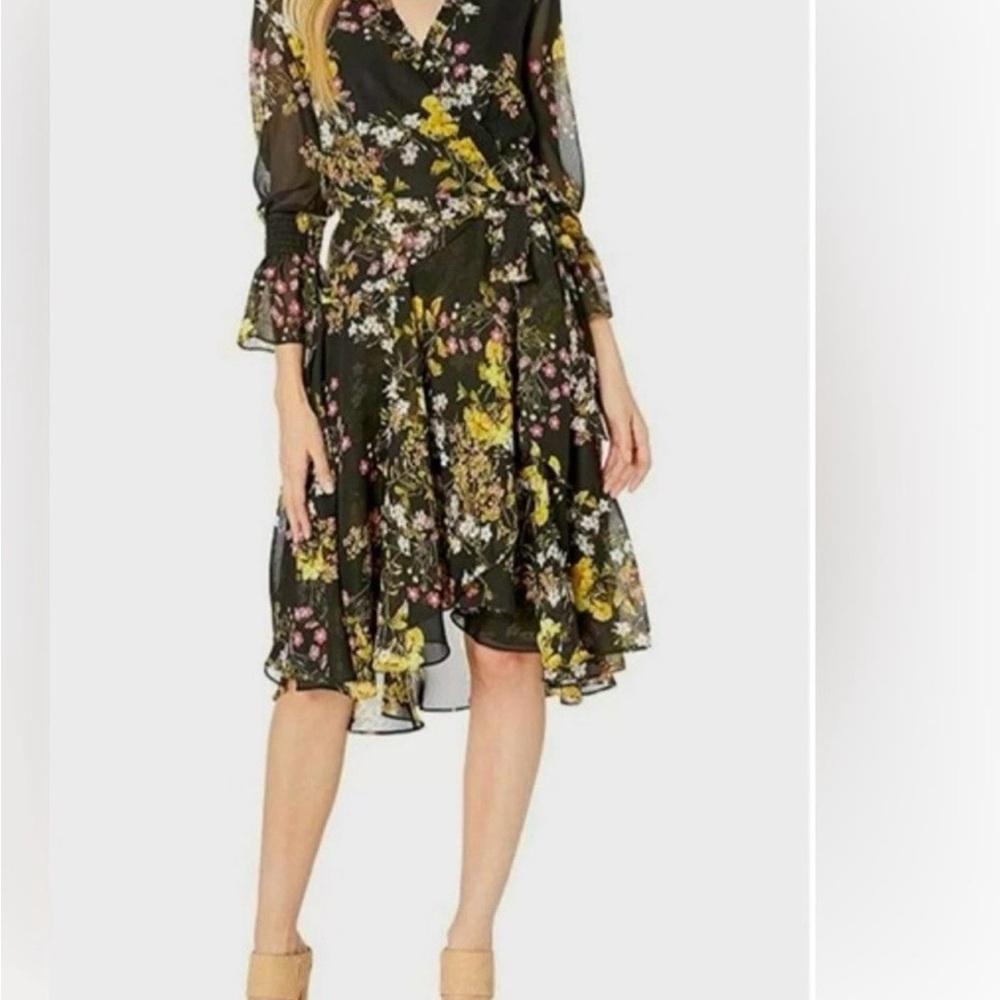 Tahari Womens Size 6 Faux Wrap Floral Dress 3/4 Sleeve Mock Neck Flowy Spring